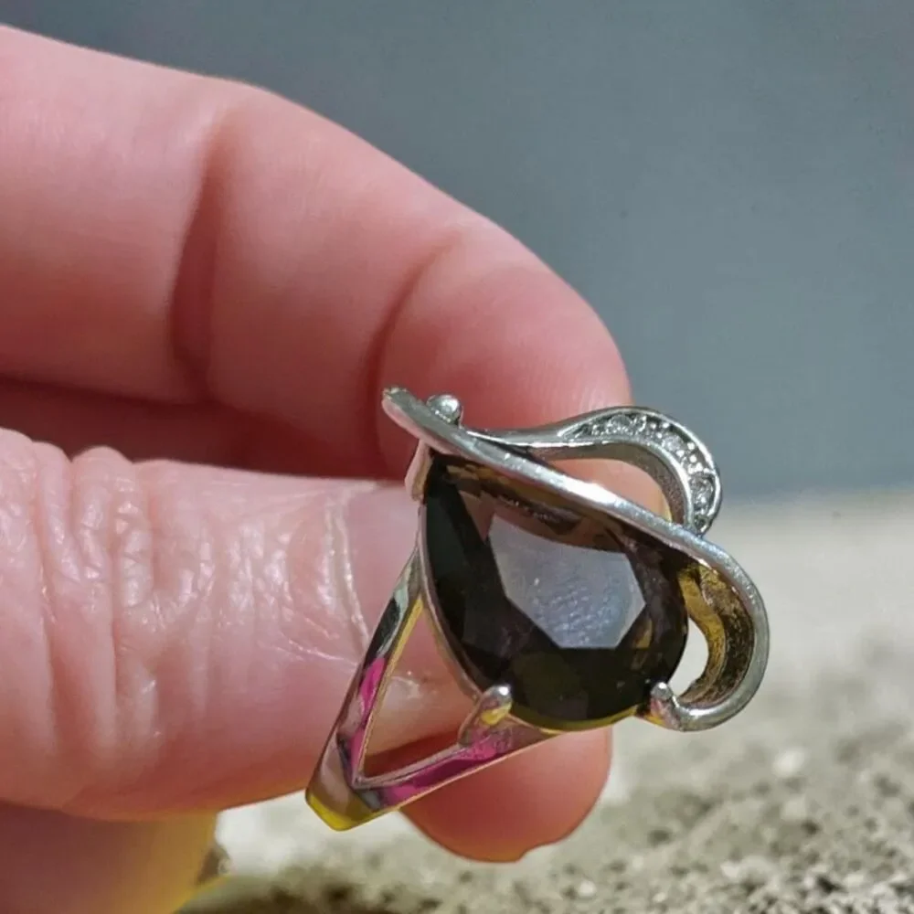 Silver Tone Pear Smoky Brown Cubic Zirconia Swirl Ring, Teardrop Statement Ring
